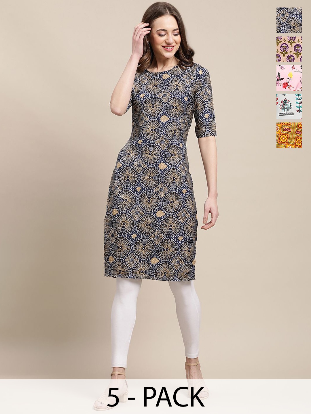 

7Threads Selection Of 5 Ethnic Motifs Printed Round Neck Crepe Straight Kurta, Navy blue