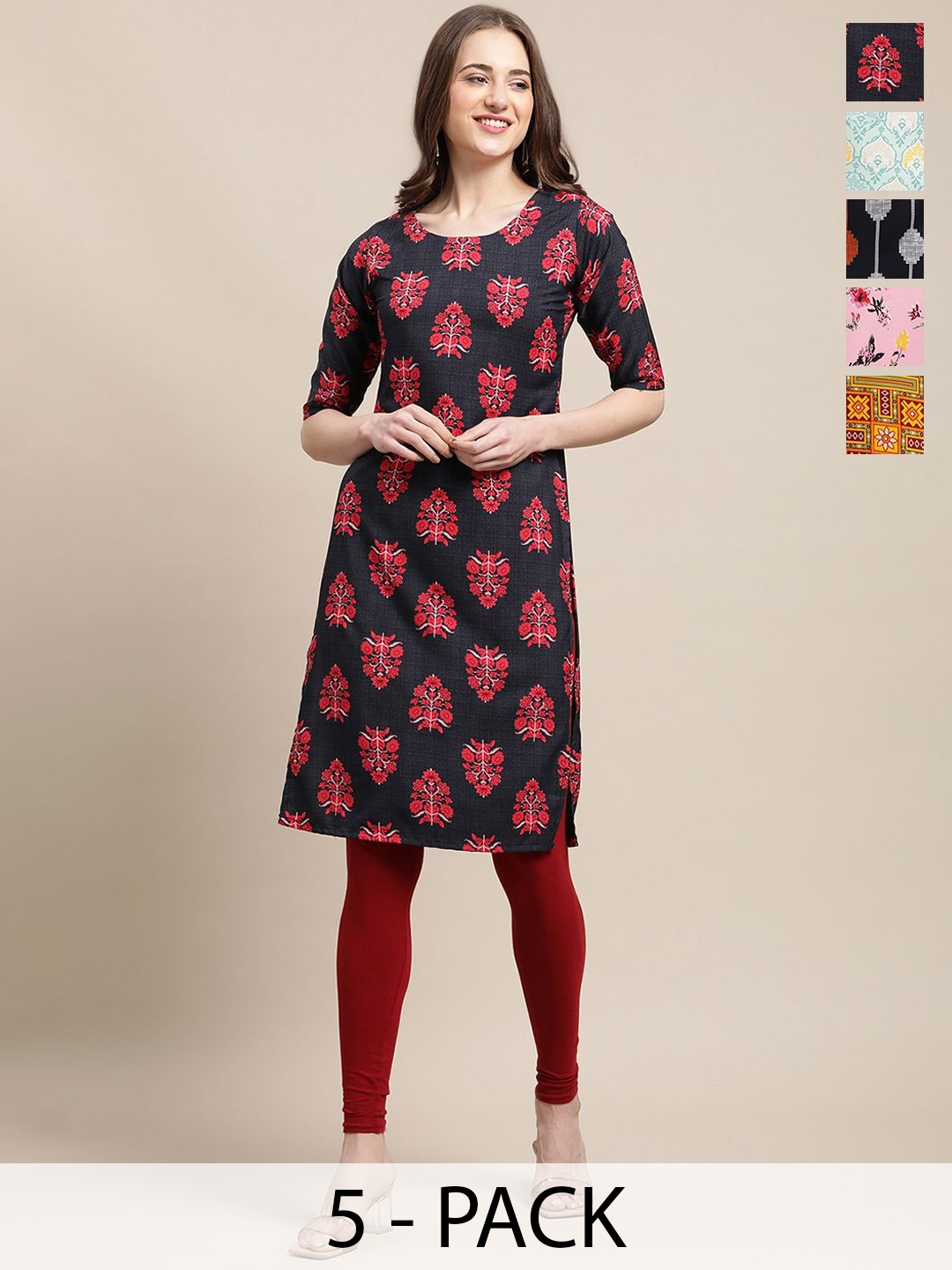 

7Threads Selection Of 5 Ethnic Printed Round Neck Kurtas, Red