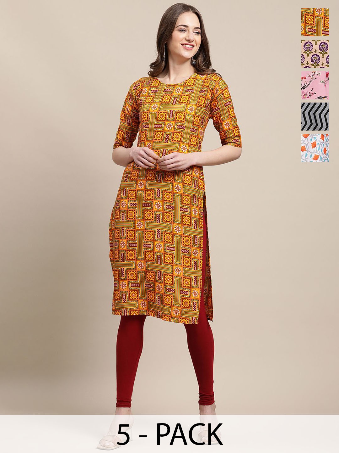 

7Threads Selection Of 5 Floral Printed Round Neck Crepe Straight Kurtas, Yellow