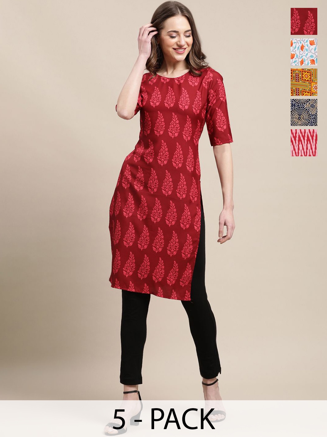 

7Threads Selection of 5 Paisley Printed Crepe Straight Kurta, Red
