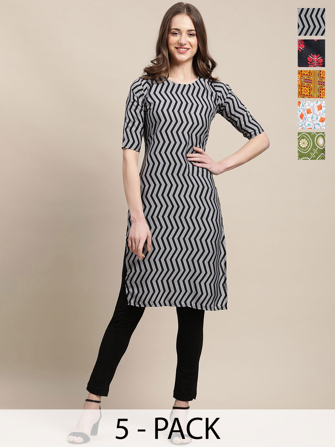 

7Threads Selection Of 5 Ethnic Motifs Printed Round Neck Straight Crepe Kurtas, Grey