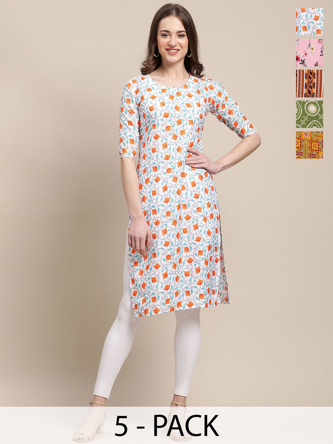 

7Threads Selection Of 5 Ethnic Motifs Printed Round Neck Crepe Straight Kurta, Pink