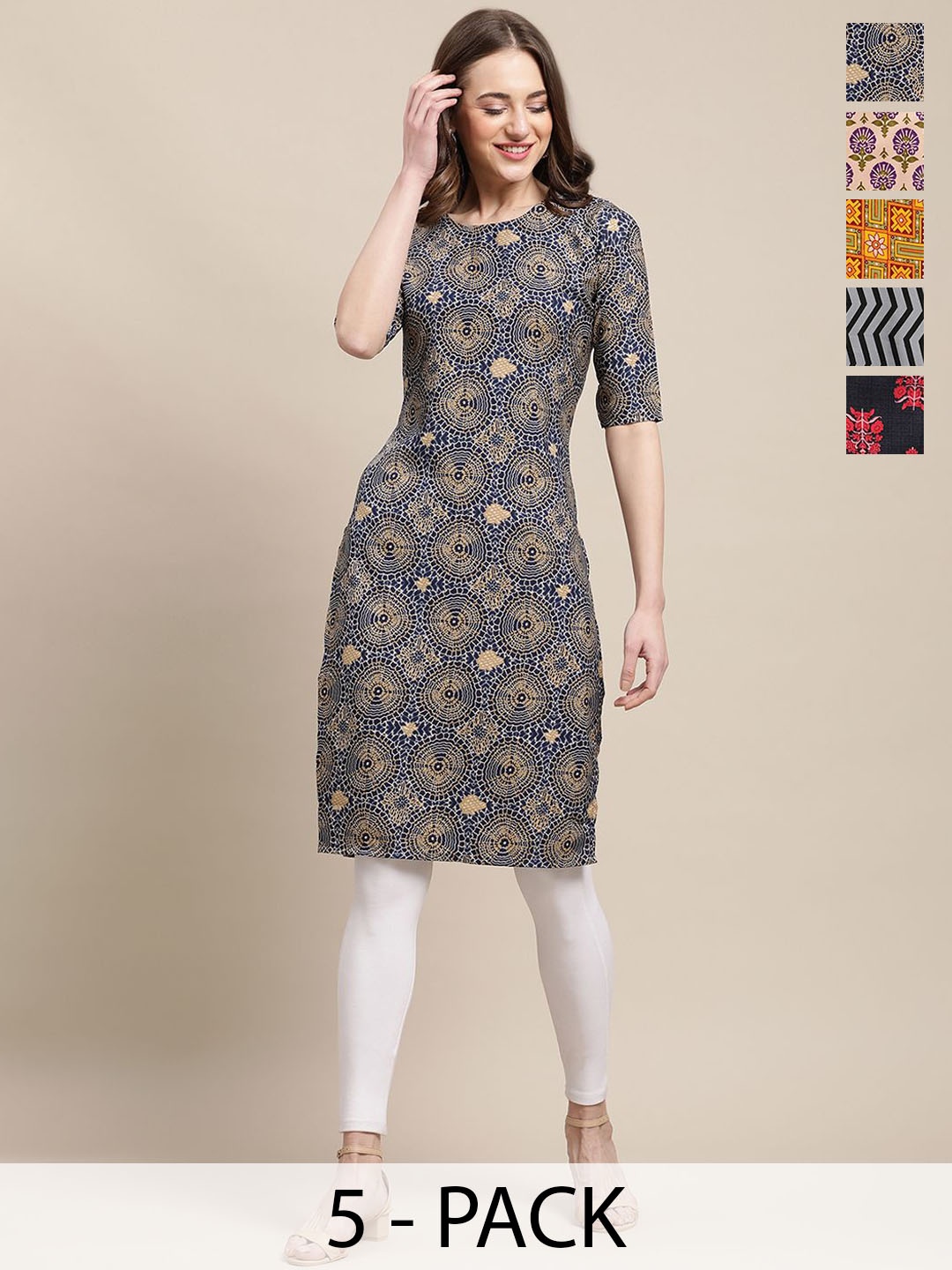 

7Threads Selection Of 5 Ethnic Printed Round Neck Kurtas, Beige