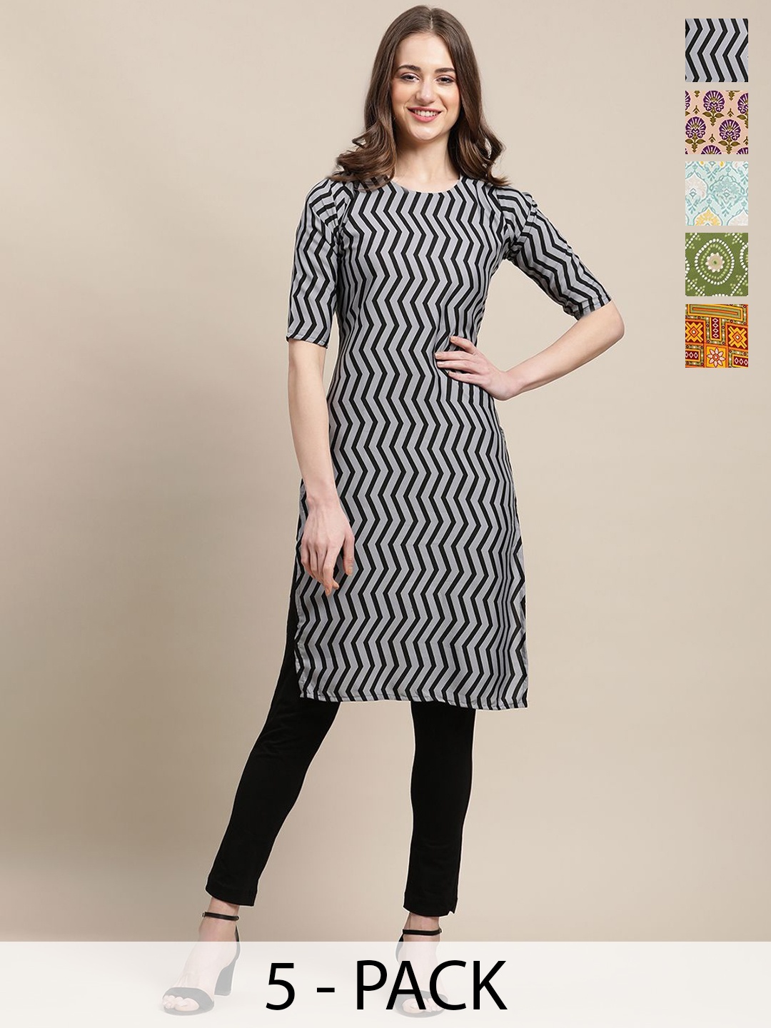 

7Thread Selection Of 5 Chevron Printed Round Neck Straight Kurtas, Black