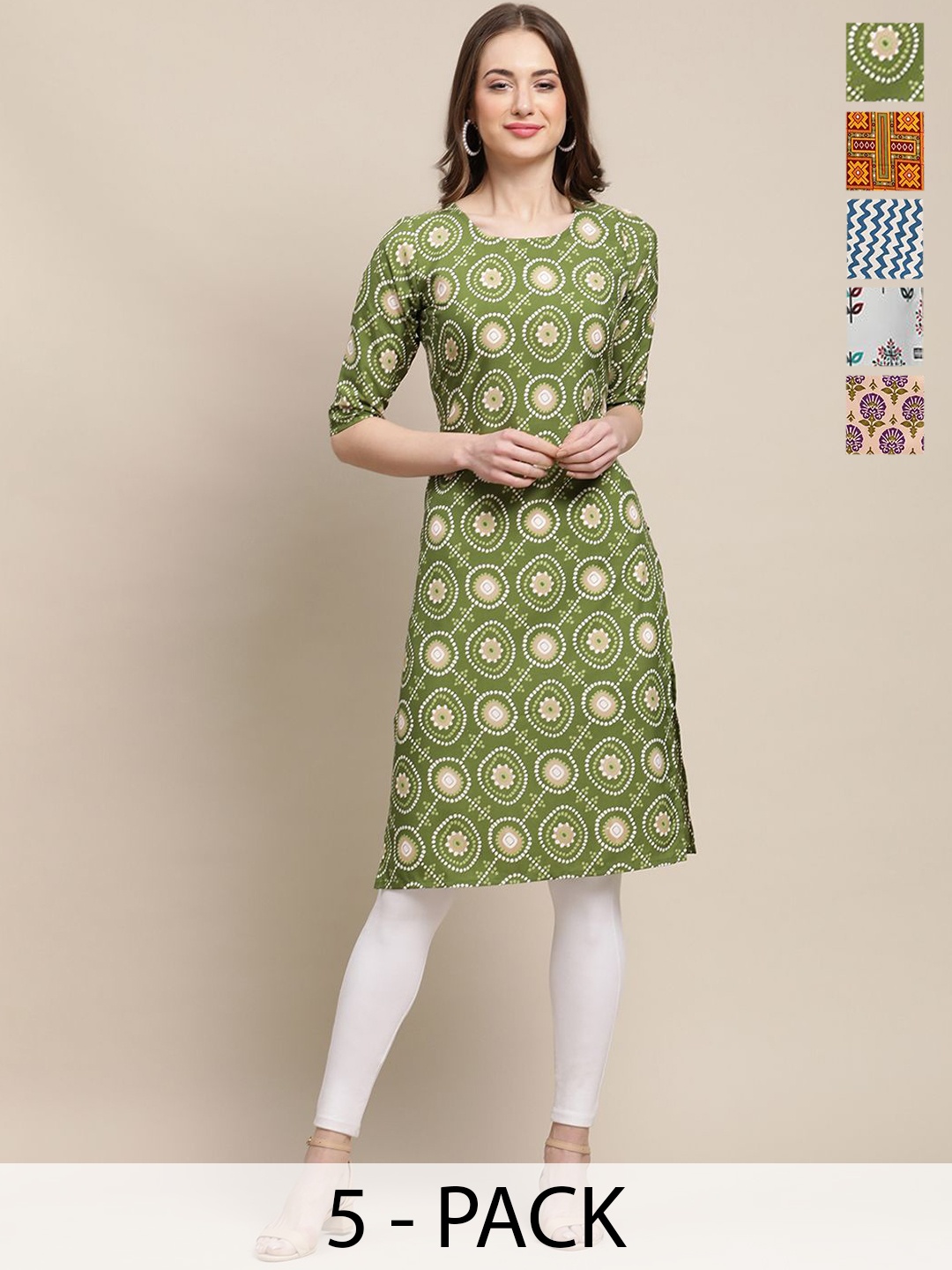 

7Threads Selection Of 5 Ethnic Motifs Printed Straight Kurtas, Olive