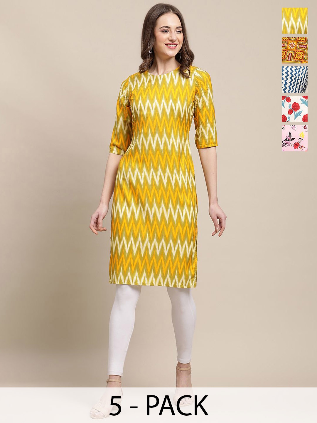 

7Threads Selection Of 5 Chevron Round Neck Straight Kurtas, Yellow