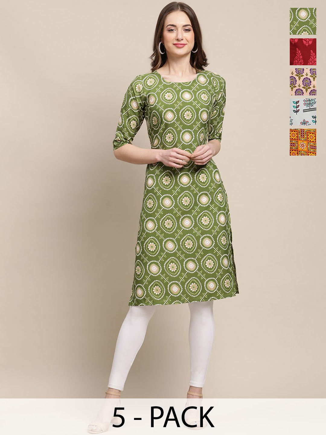 

7Threads Selection of 5 Floral & Geometric Printed Straight Kurtas, Green