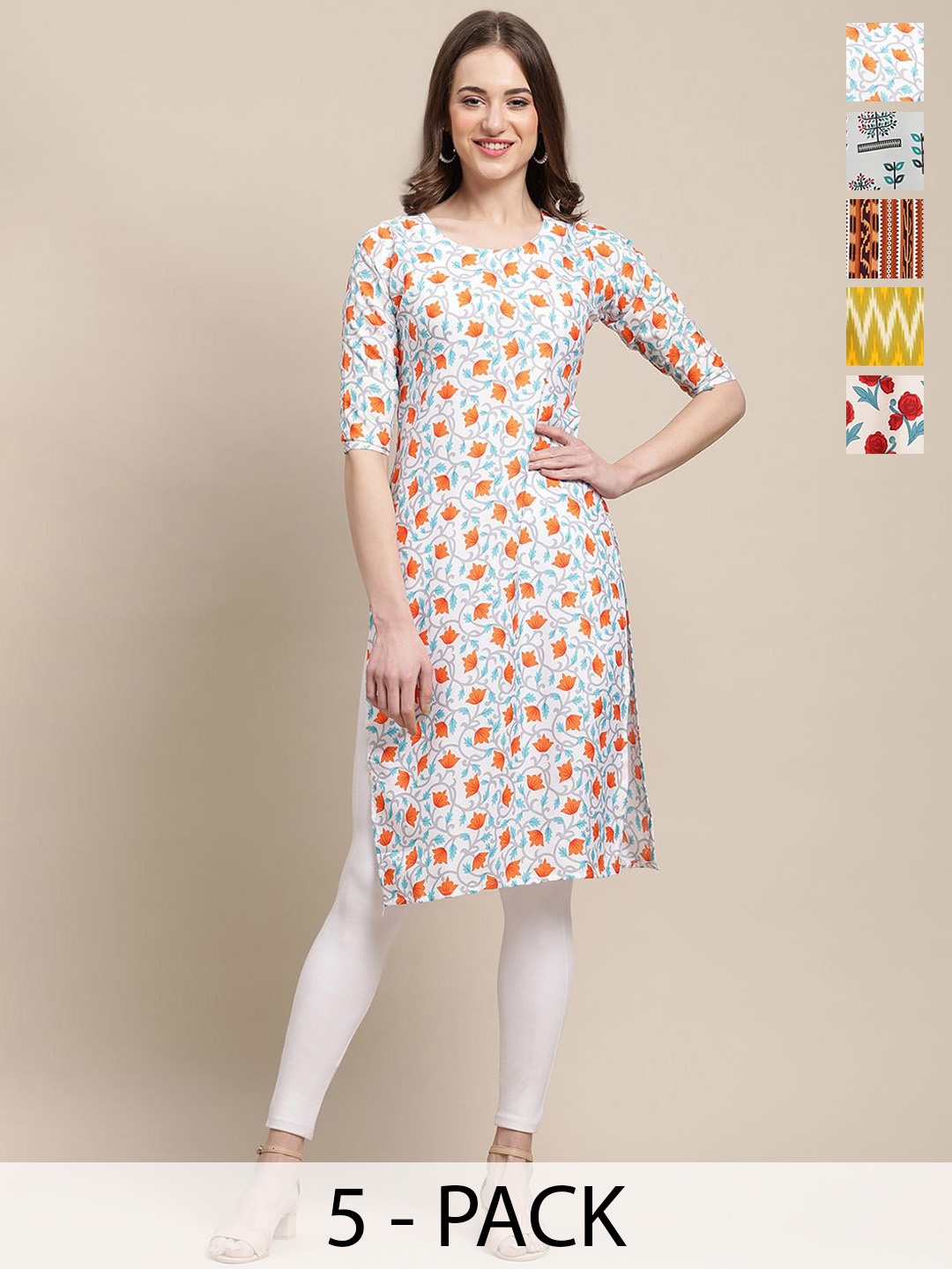 7Threads Selection of 5 Floral Printed Round Neck Kurtas, White