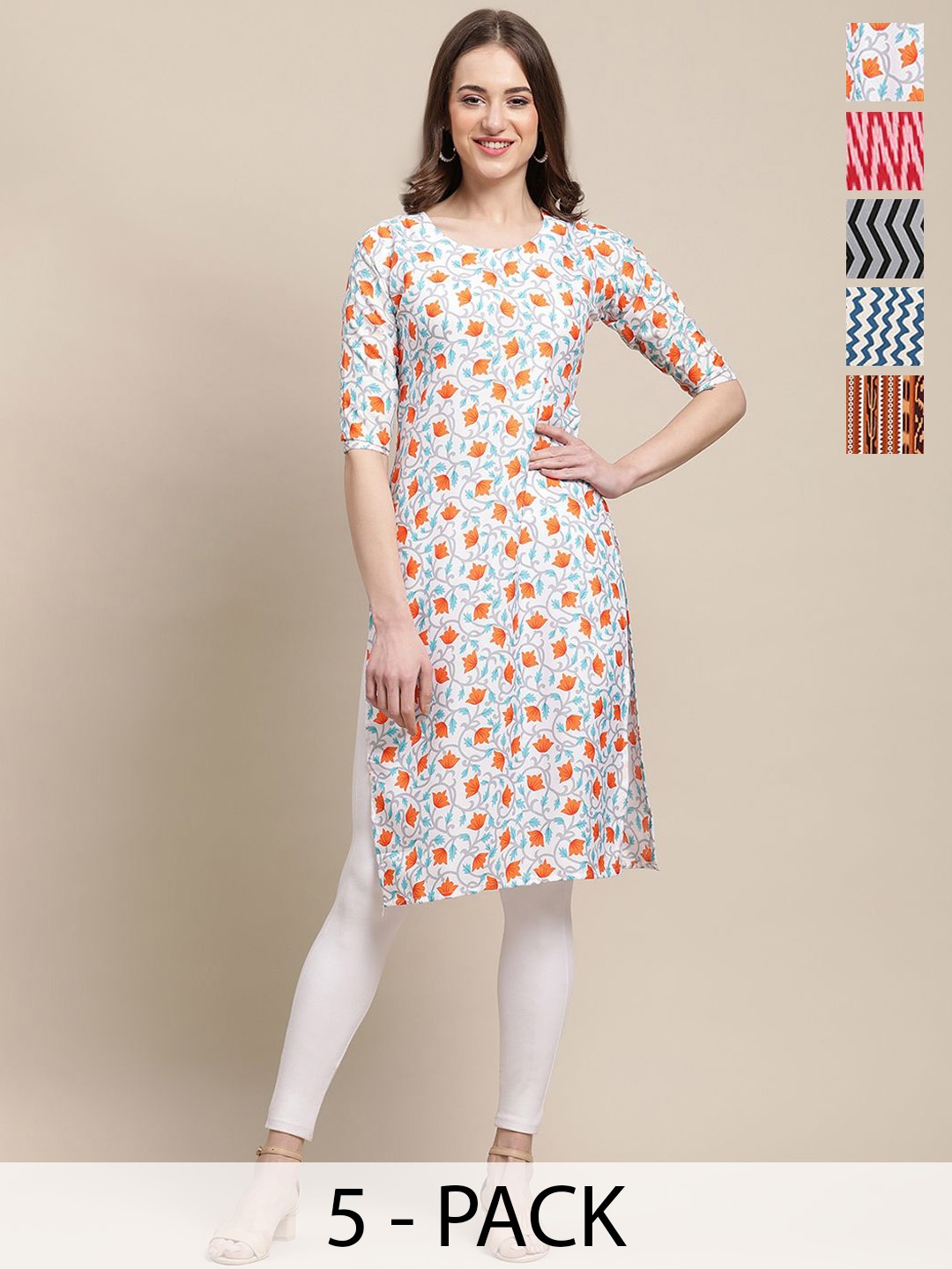 

7Threads Selection Of 5 Floral Printed Round Neck Straight Kurtas, White