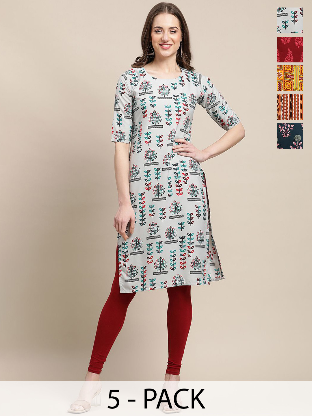 

7Threads Selection Of 5 Floral Printed Round Neck Kurtas, Grey