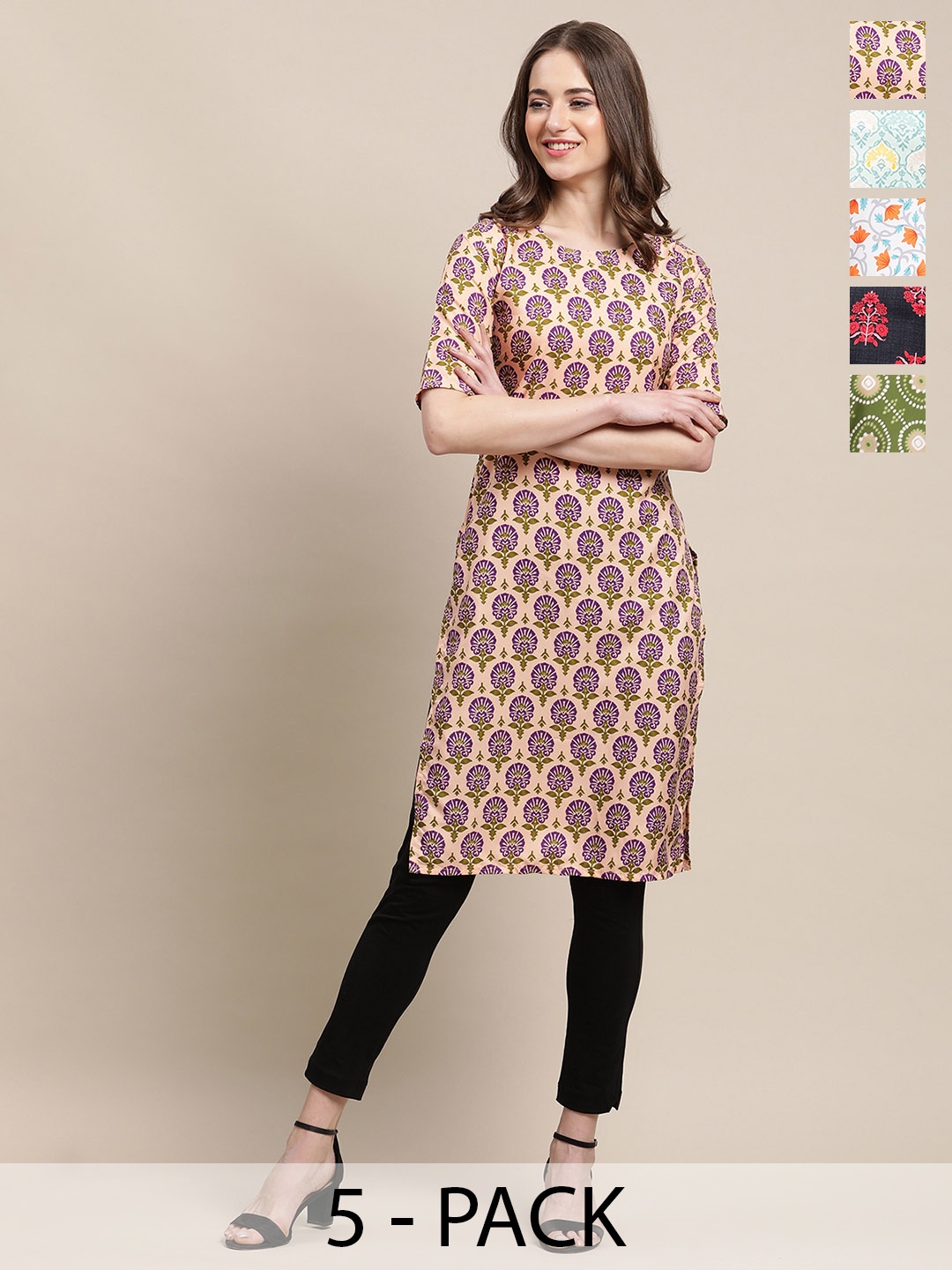 

7Threads Selection Of 5 Ethnic Motifs Printed Straight Kurtas, Peach