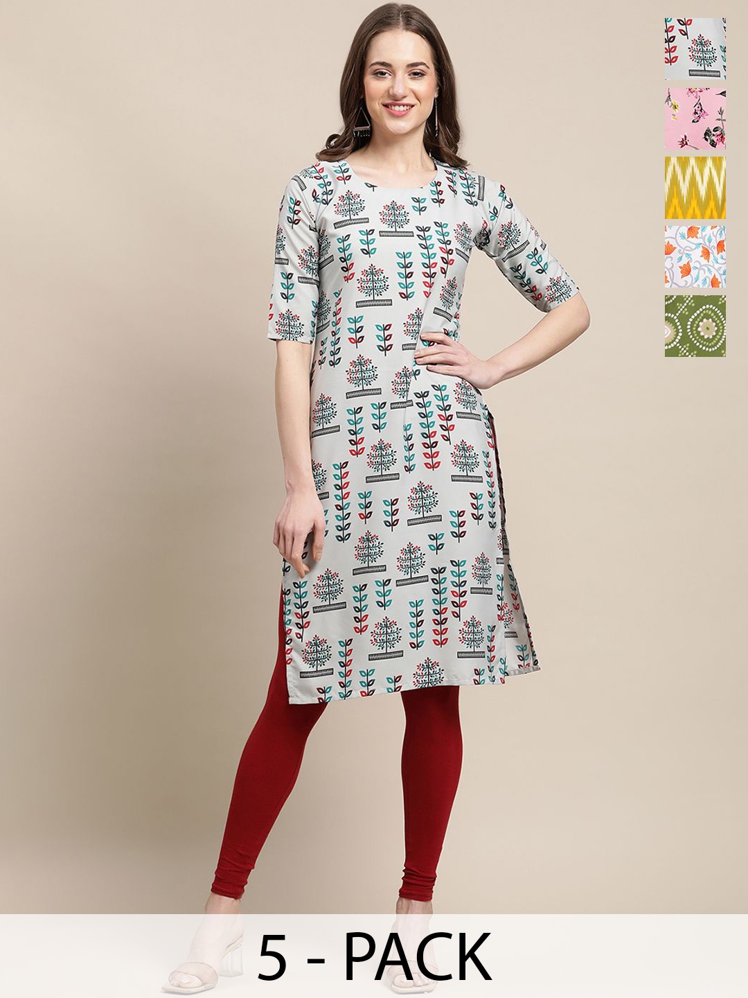 

7Threads Selection Of 5 Ethnic Motifs Printed Straight Crepe Kurta, Blue