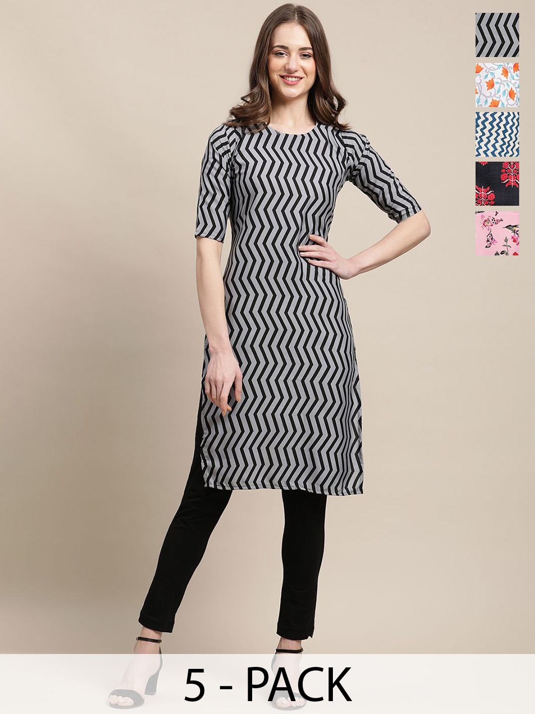 

7Threads Selection Of 5 Chevron Printed Round Neck Crepe Straight Kurta, Grey