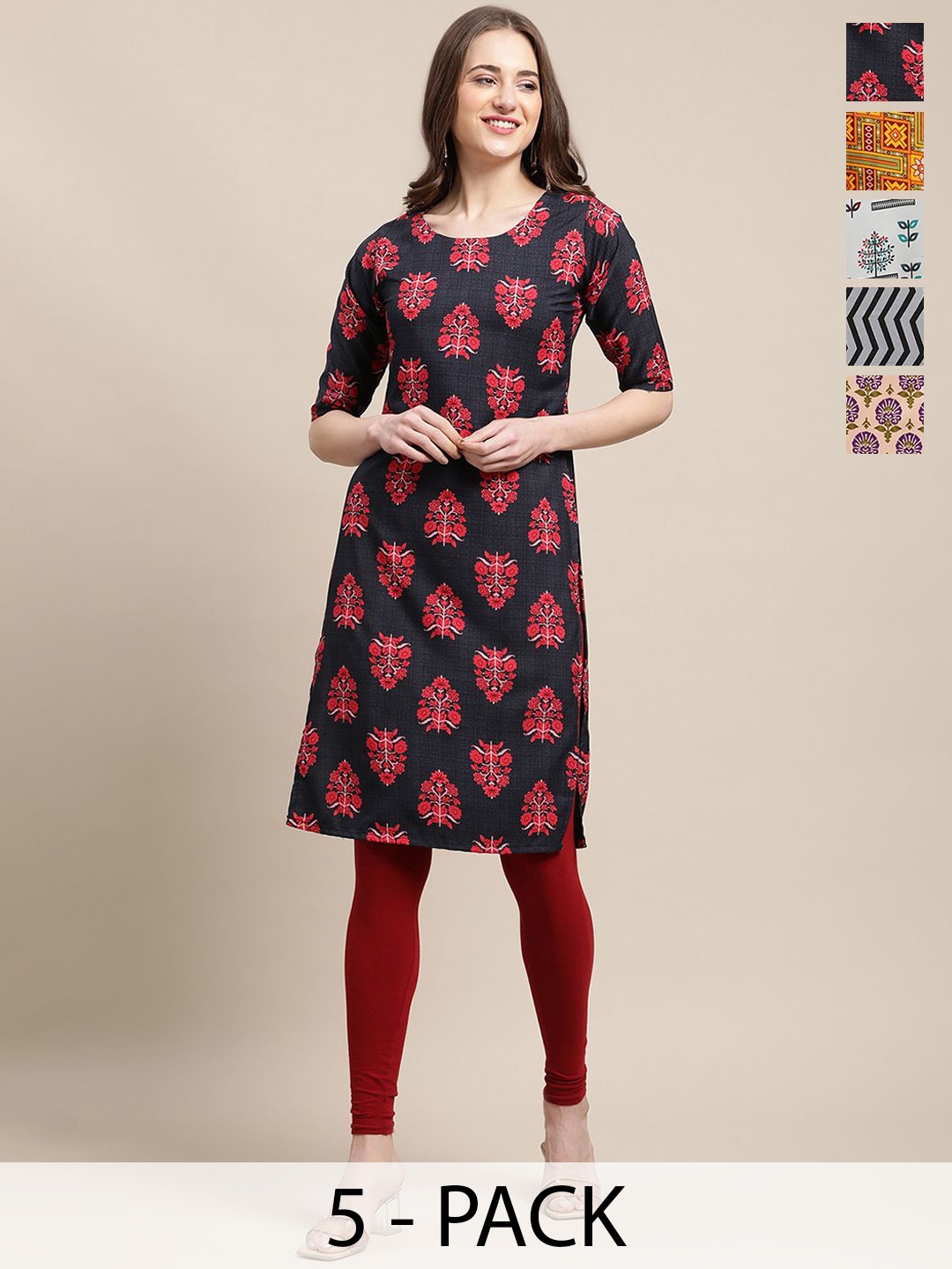 

7Threads Selection Of 5 Ethnic Motifs & Geometric Printed Crepe Straight Kurtas, Navy blue