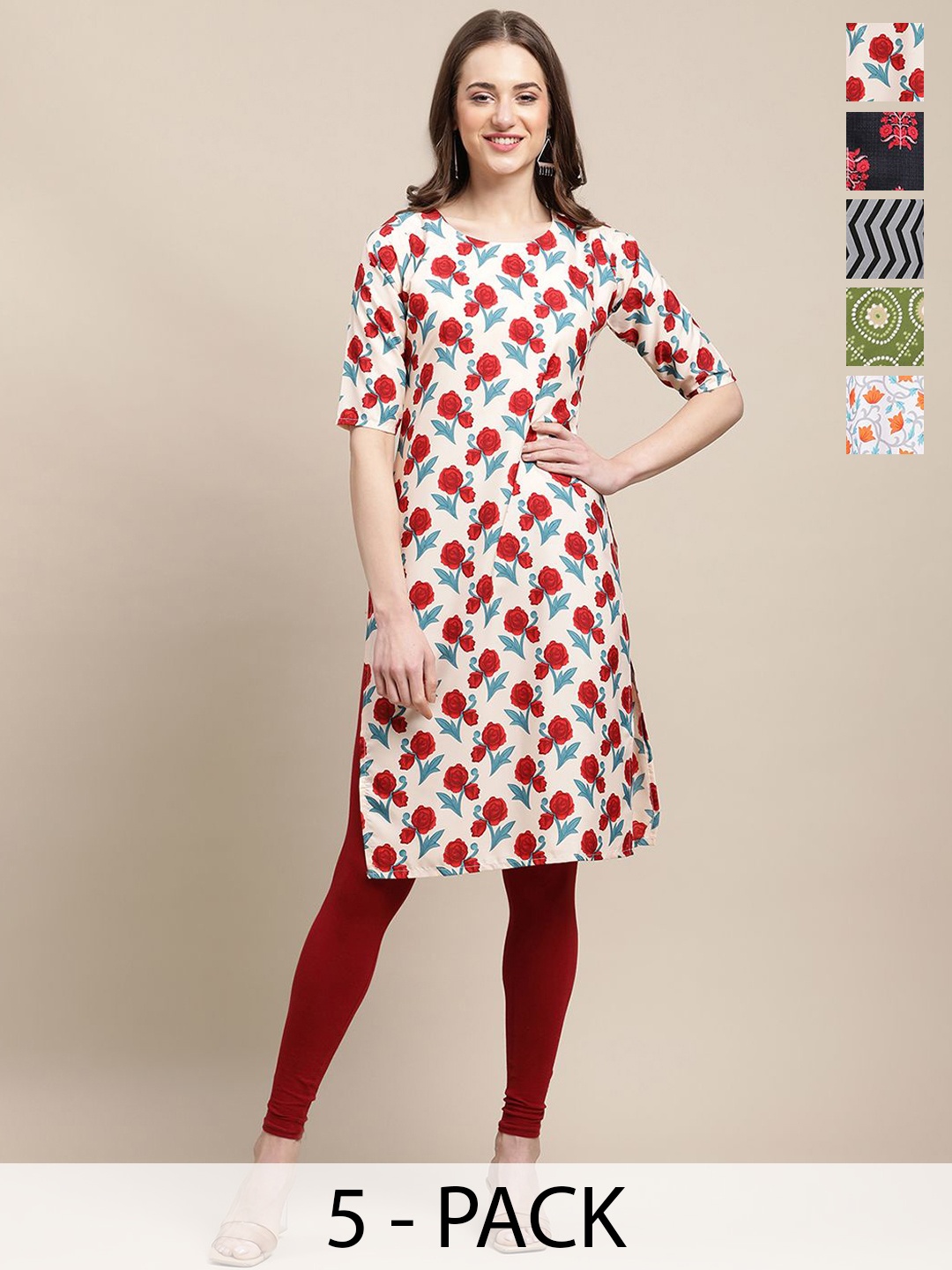 7Threads Selection Of 5 Floral Printed Round Neck Regular Sleeves Straight Kurtas, White