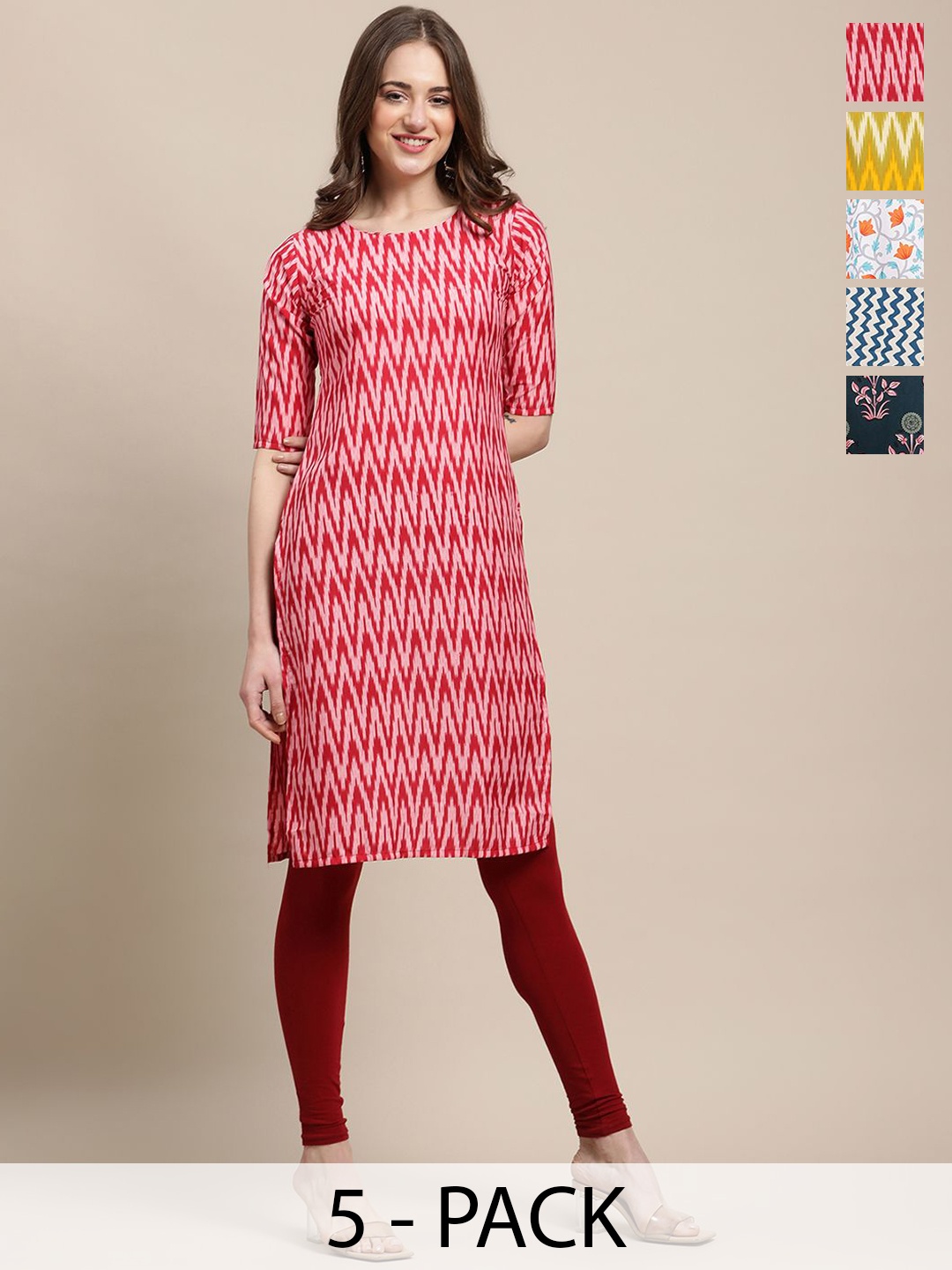 

7Threads Selection Of 5 Ethnic Motifs & Floral Printed Crepe Straight Kurtas, Red