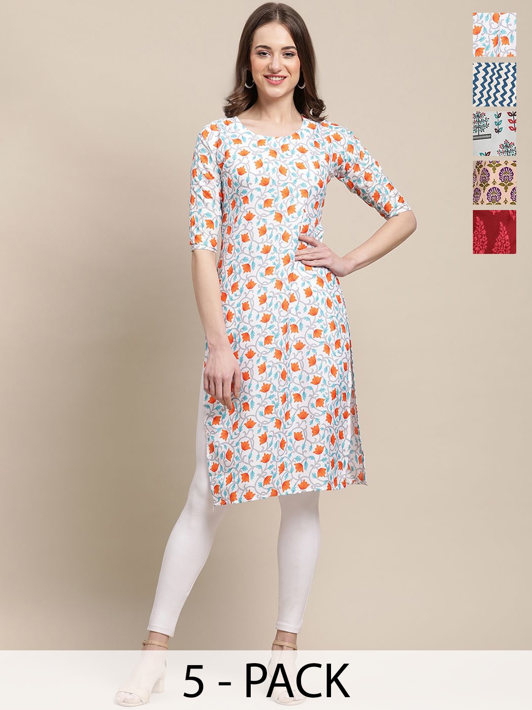

7Threads Selection of 5 Floral Printed Crepe Straight Kurta, White