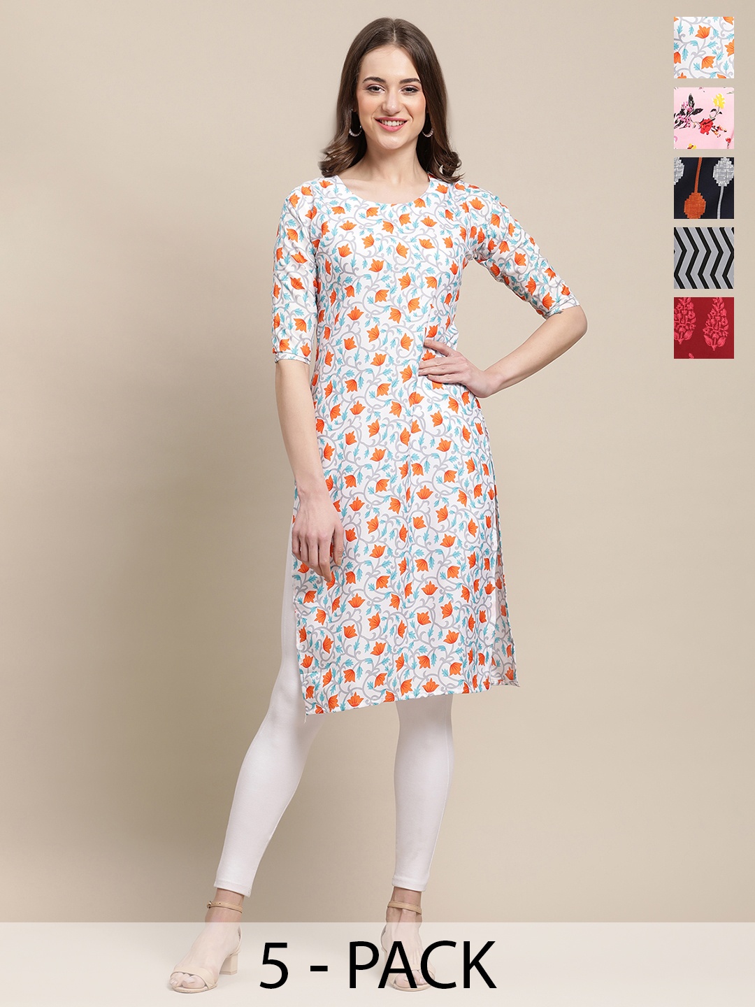 7Threads Selection Of 5 Ethnic Motifs Printed Straight Kurtas, White