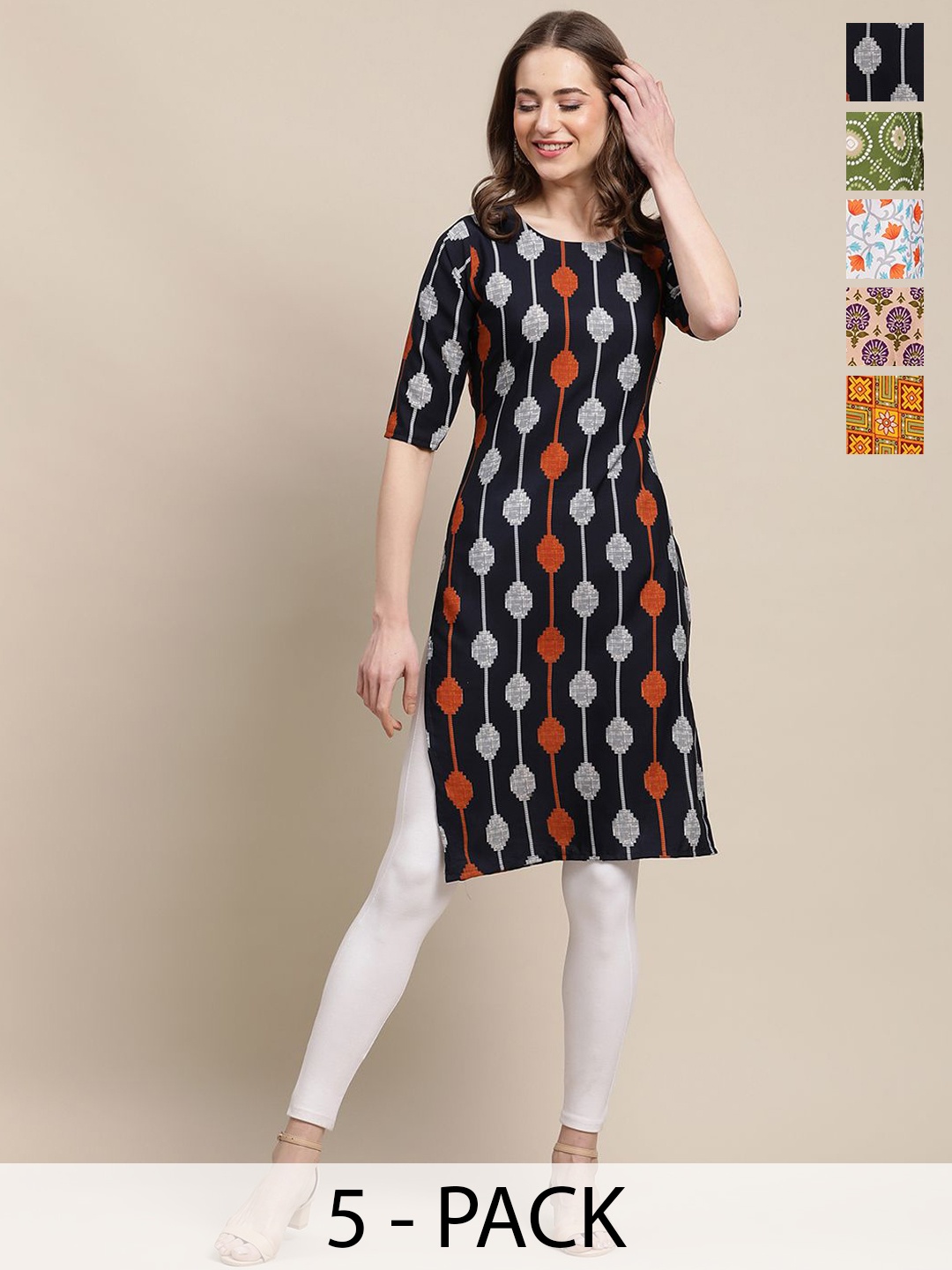 

7Threads Set Of 5 Geometric Printed Round Neck Machine Weave Straight Kurta, Black