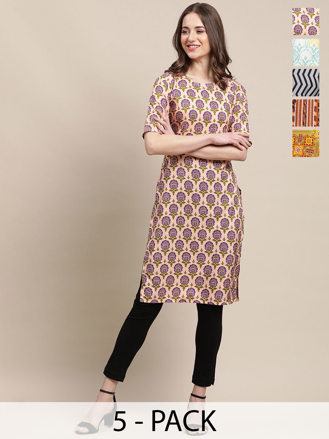 

7Threads Selections Of 5 Ethnic Motifs Printed Straight Kurta, Brown