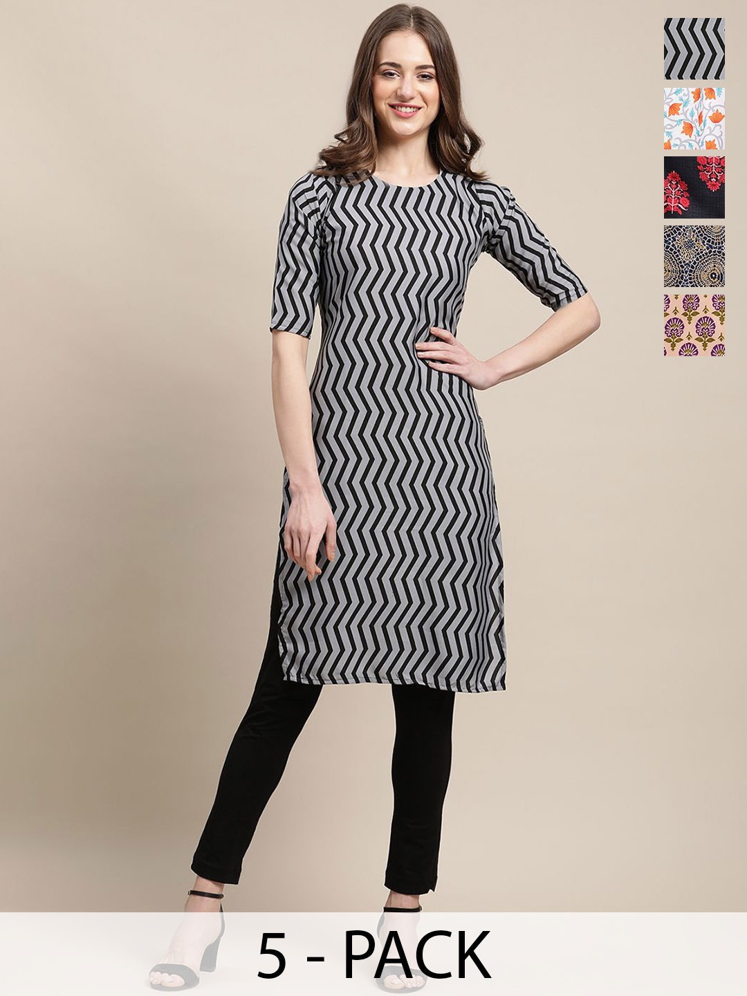 

7Threads Selection Of 5 Chevron Printed Round Neck Straight Kurtas, Grey