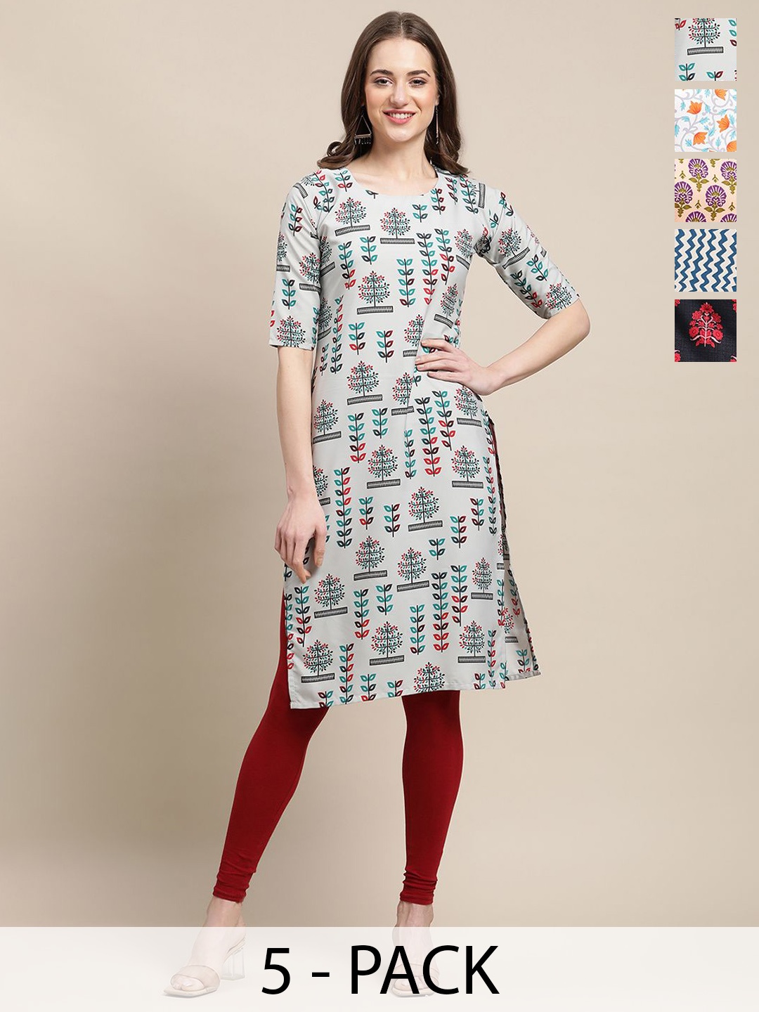 

7Threads Selection Of 5 Ethnic Motifs & Floral Printed Crepe Straight Kurtas, Grey