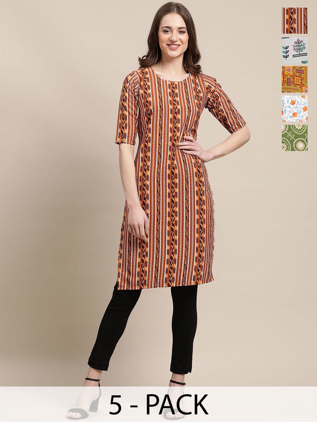 

7Threads Selection Of 5 Ethnic Motifs Printed Round Neck Crepe Straight Kurta, Brown