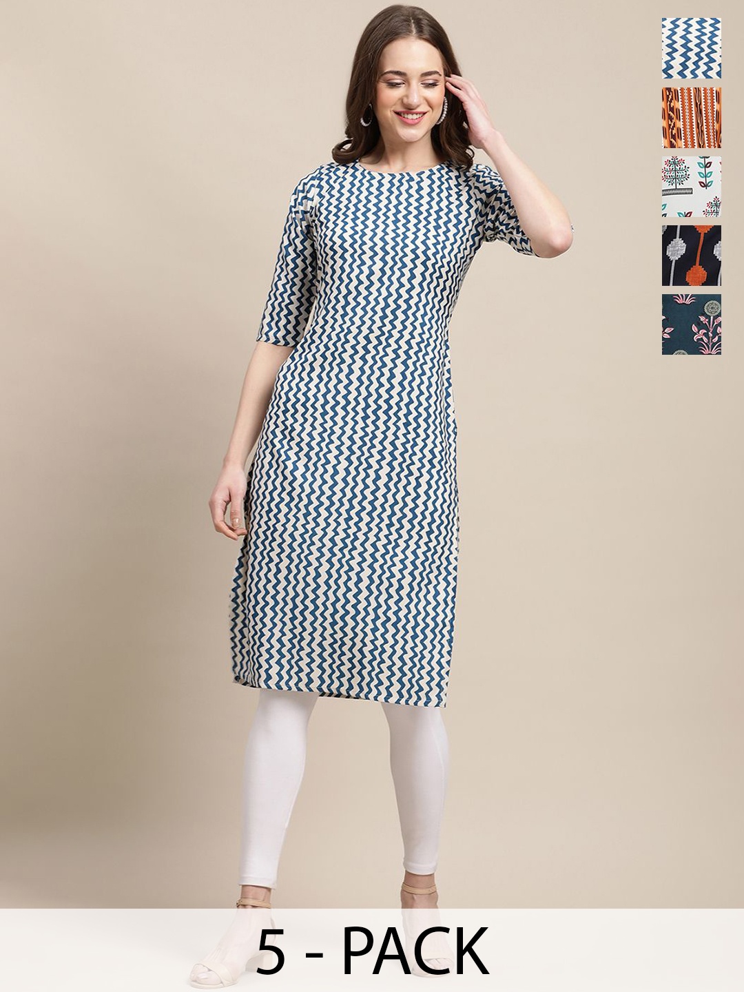 

7Threads Selection Of 5 Chevron Printed Straight Kurta, Blue