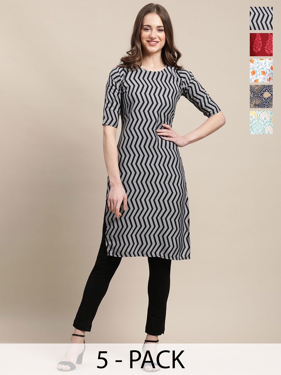 

7Threads Pack Of 5 Ethnic Motifs Printed Round Neck Straight Crepe Kurta, Grey