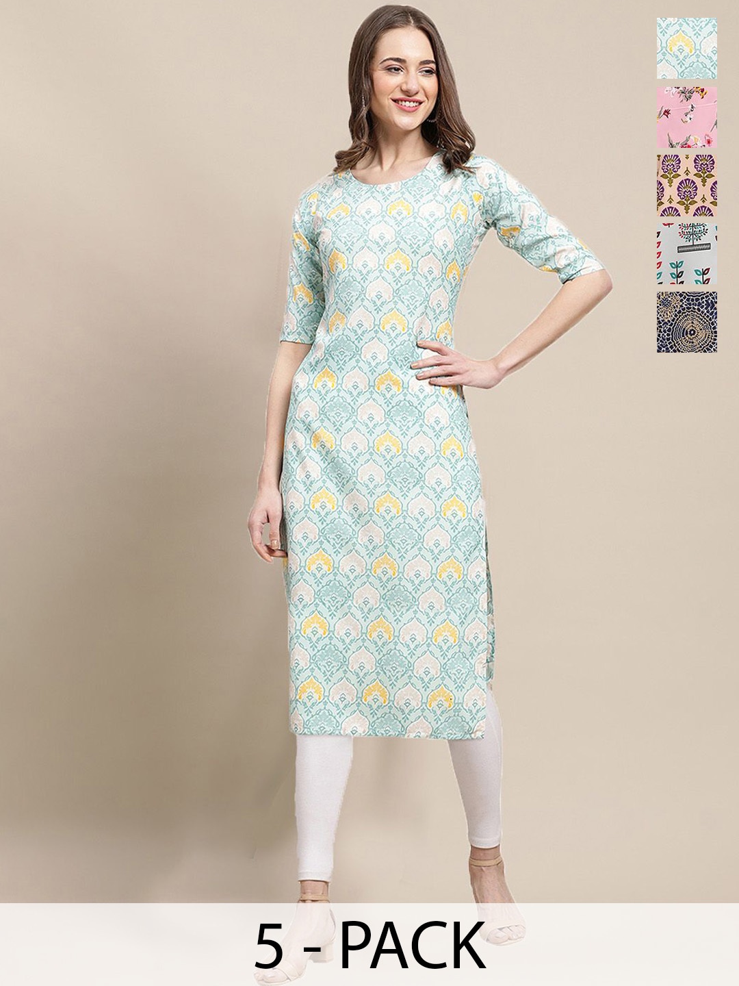 

7Threads Selection Of 5 Ethnic Motifs Printed Round Neck Regular Sleeves Straight Kurtas, Blue