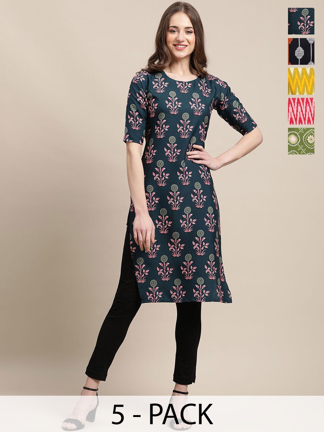 

7Threads Selection Of 5 Floral Printed Round Neck Straight Kurtas, Teal