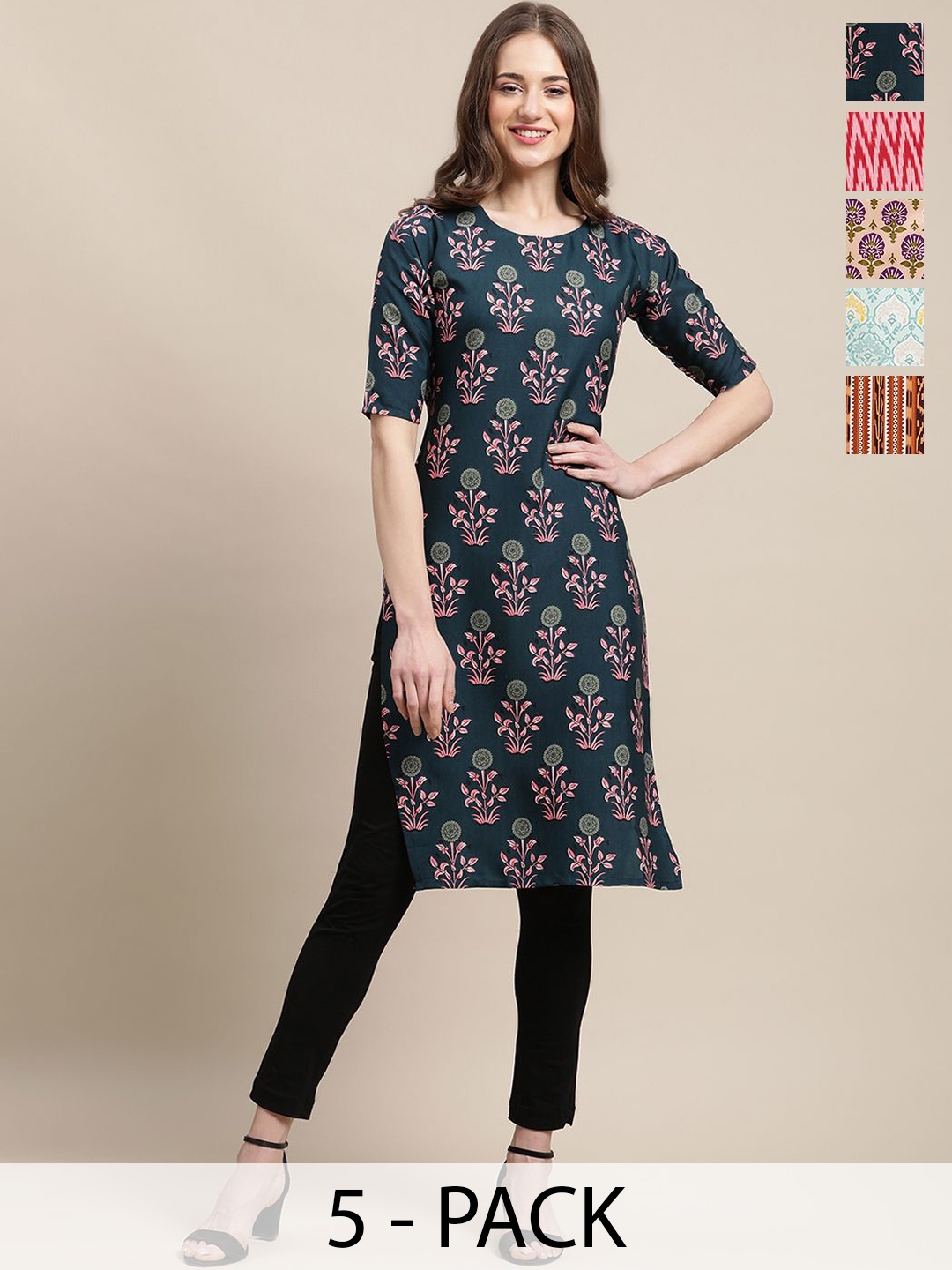 

7Threads Selection of 5 Floral & Geometric Printed Straight Kurtas, Navy blue
