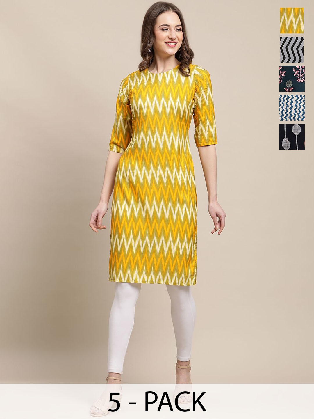 

7Threads Selection Of 5 Chevron Printed Straight Kurta, Yellow