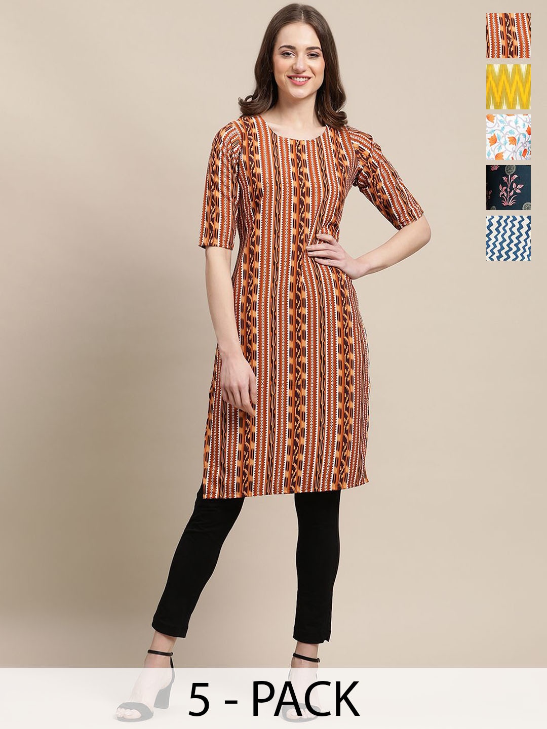 

7Threads Selection Of 5 Chevron Printed Round Neck Crepe Straight Kurta, Brown