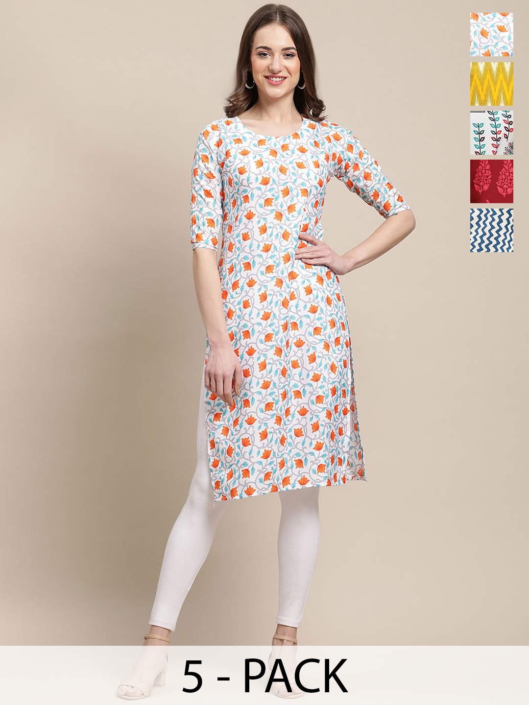 

7Threads Selection of 5 Floral Printed Crepe Straight Kurta, Blue