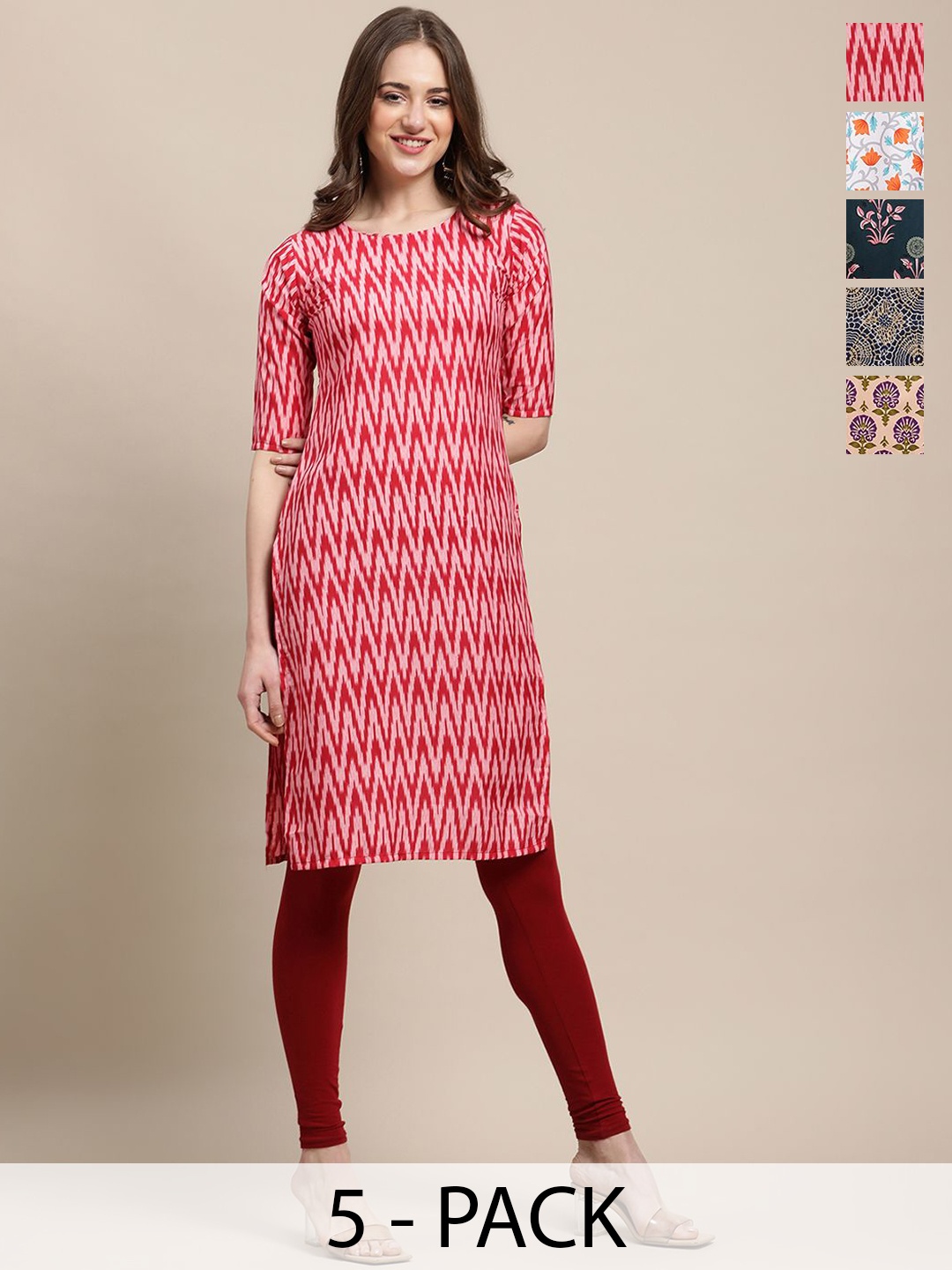 

7Threads Selection of 5 Chevron Printed Crepe Straight Kurta, Red