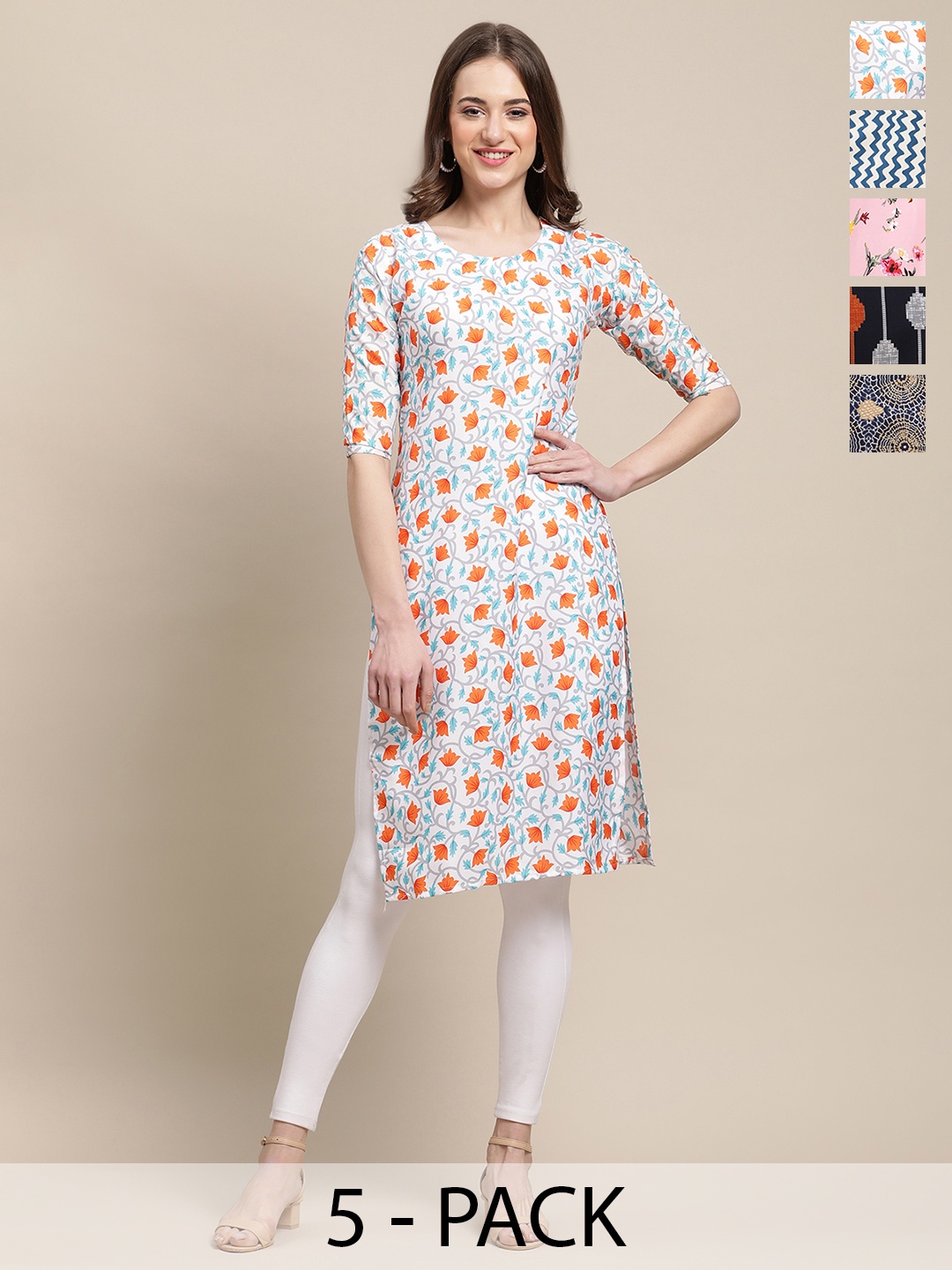 

7Threads Selection Of 5 Floral Printed Round Neck Crepe Straight Kurta, White