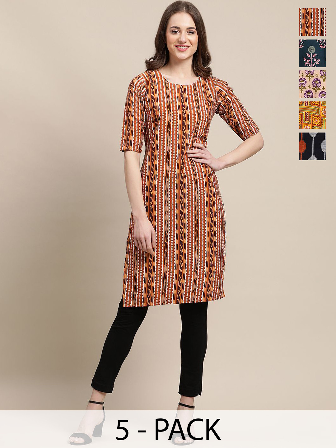 

7Threads Selection Of 5 Ethnic Motifs Printed Straight Kurtas, Yellow