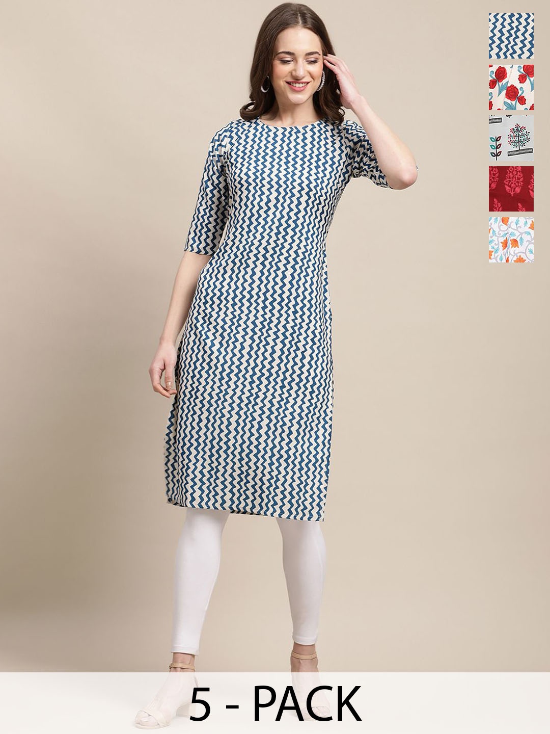 

7Threads Selection Of 5 Ethnic Motifs Printed Kurtas, Blue