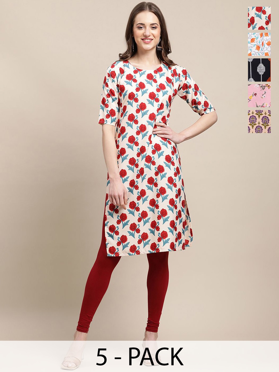 7Threads Selection Of 5 Floral Printed Round Neck Straight Kurta, White