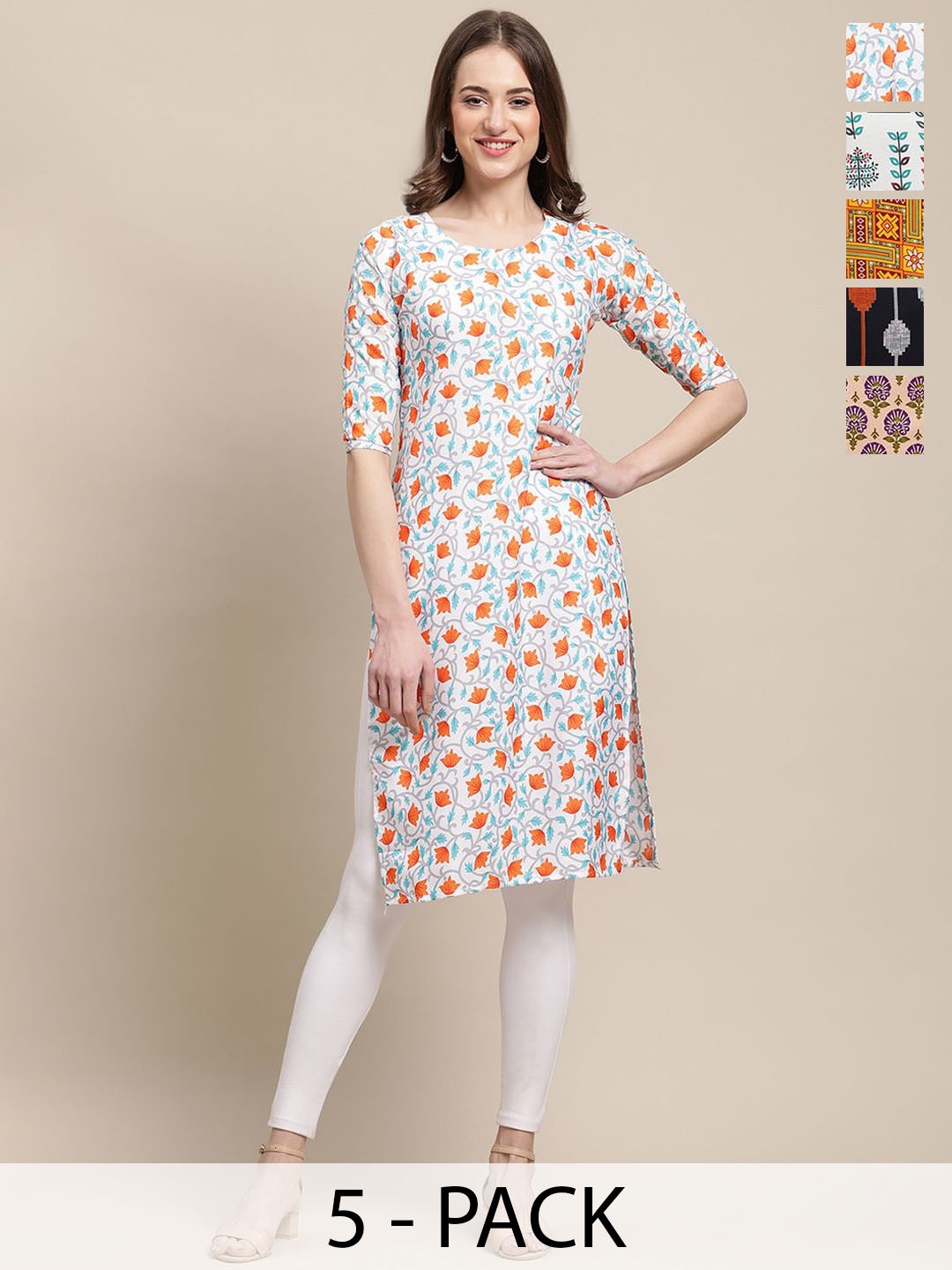 

7Threads Selection Of 5 Floral Printed Round Neck Straight Kurtas, White
