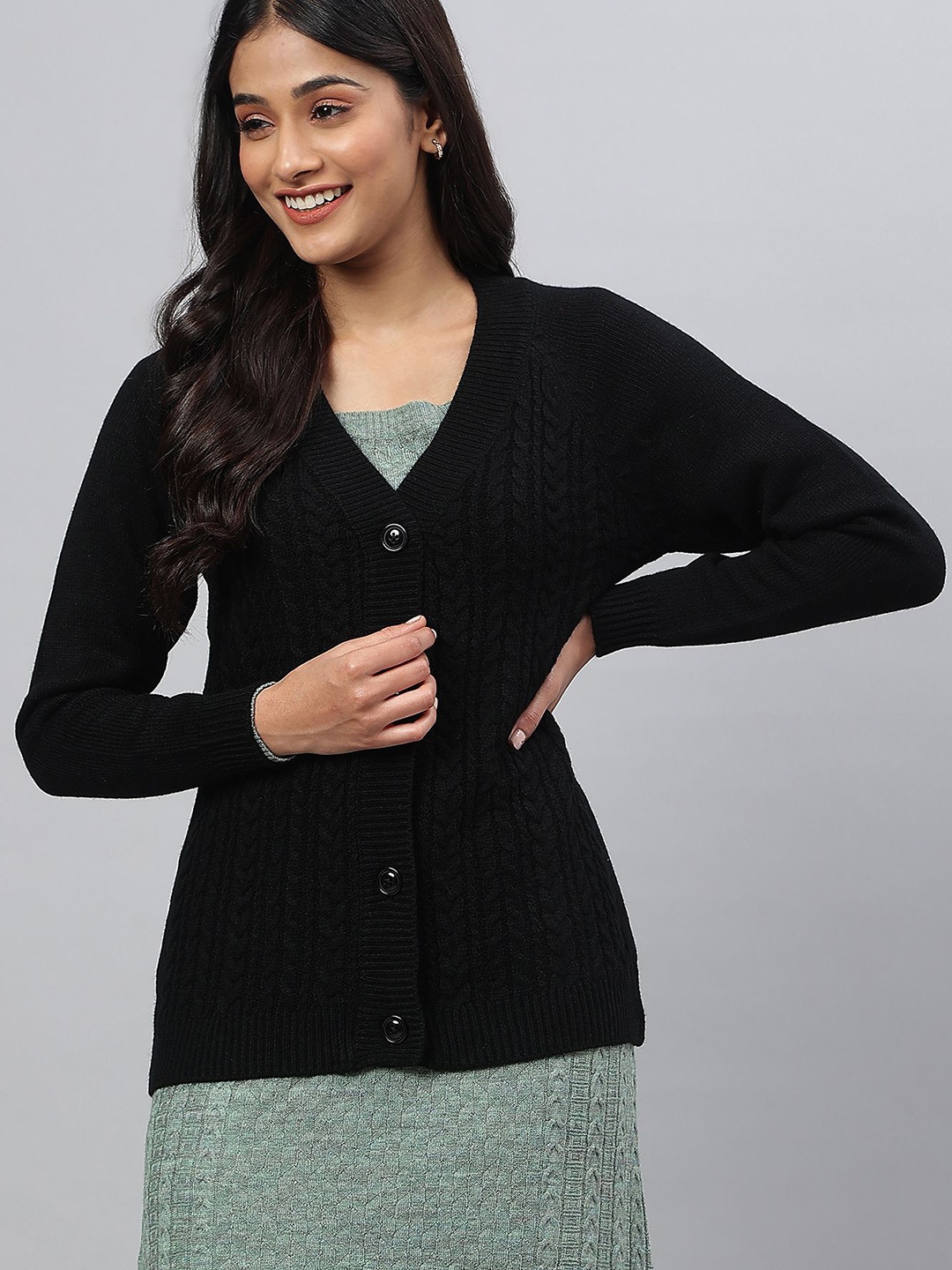 

AURELIA Women Yarn-Dyed Cardigan Sweater, Black