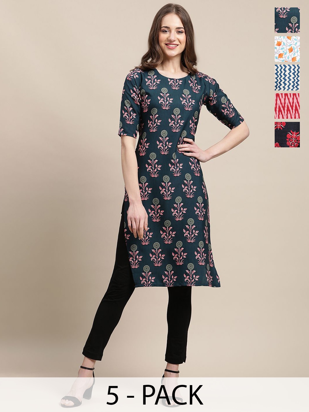 

7Threads Selection Of 5 Ethnic Motifs Printed Straight Kurtas, Green