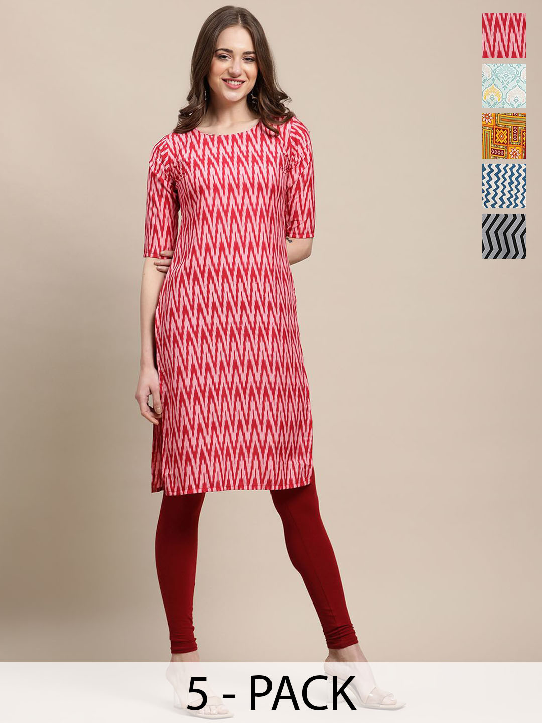 

7Threads Selection of 5 Geometric Printed Round Neck Crepe Straight Kurtas, Red