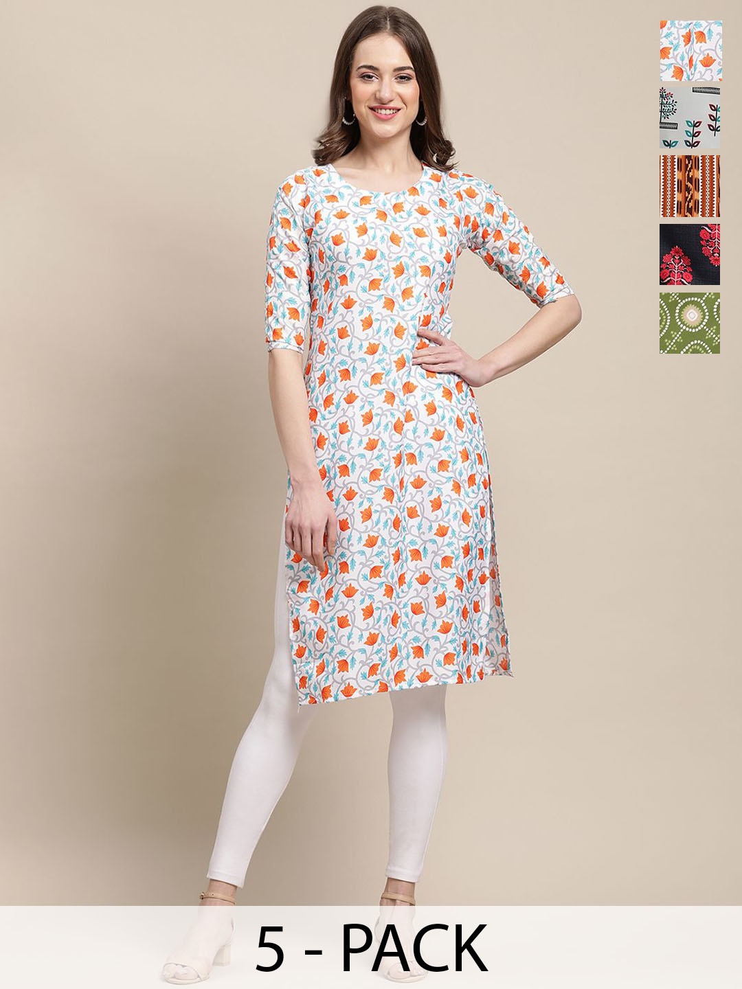 7Threads Selection of 5 Floral Printed Crepe Straight Kurta, Blue