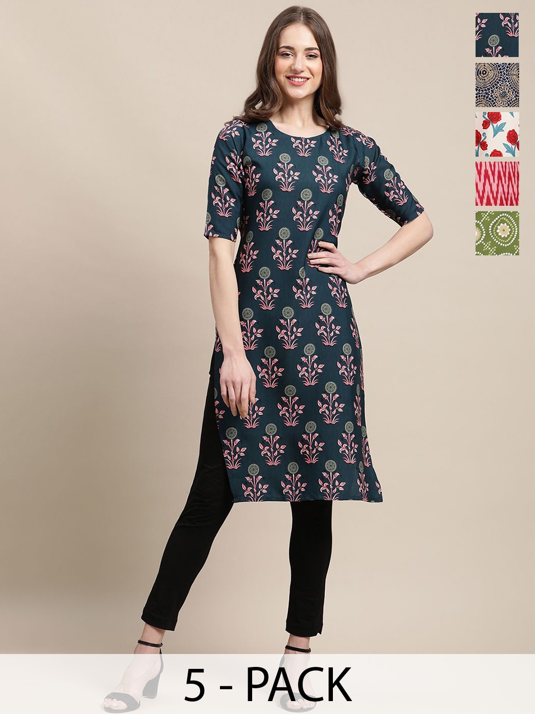 

7Threads Selection Of 5 Ethnic Motifs Printed Straight Kurtas, Green