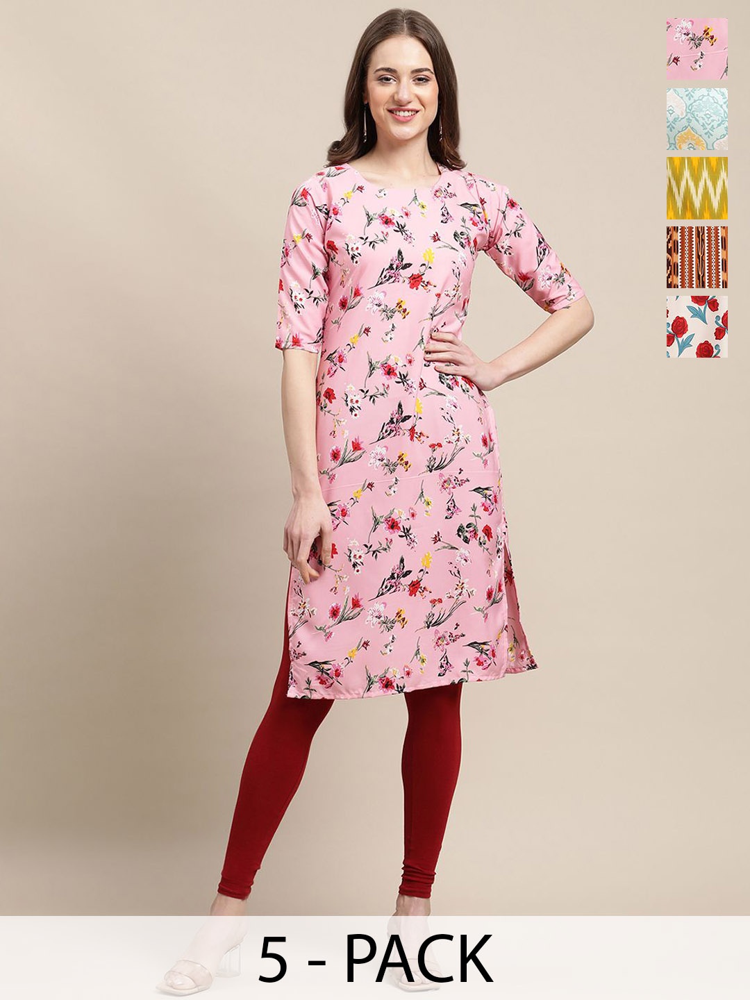 

7Threads Selection Of 5 Floral Printed Round Neck Kurtas, Pink