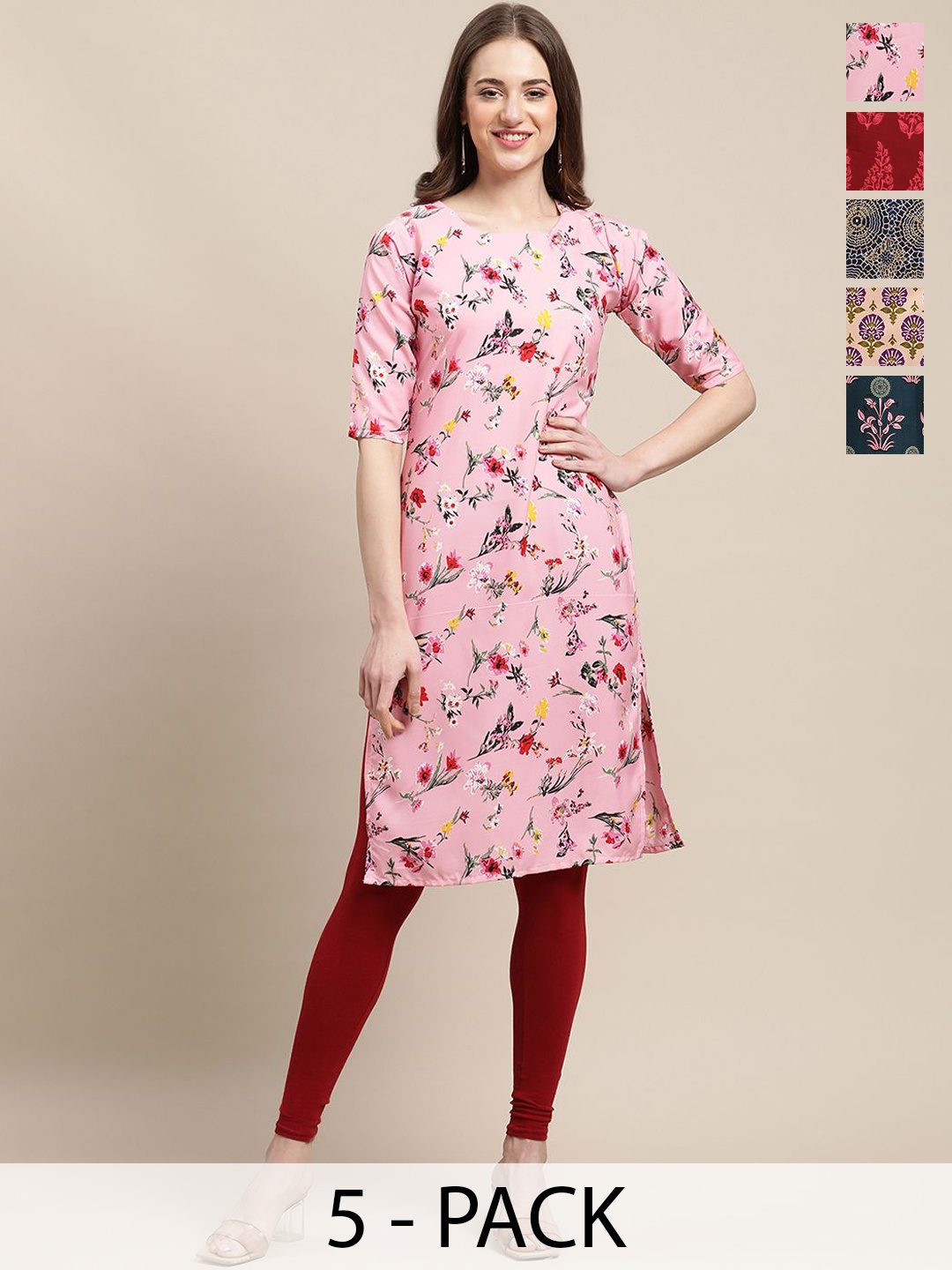 

7Threads Pack Of 5 Ethnic Motifs Printed Round Neck Straight Crepe Kurta, Pink