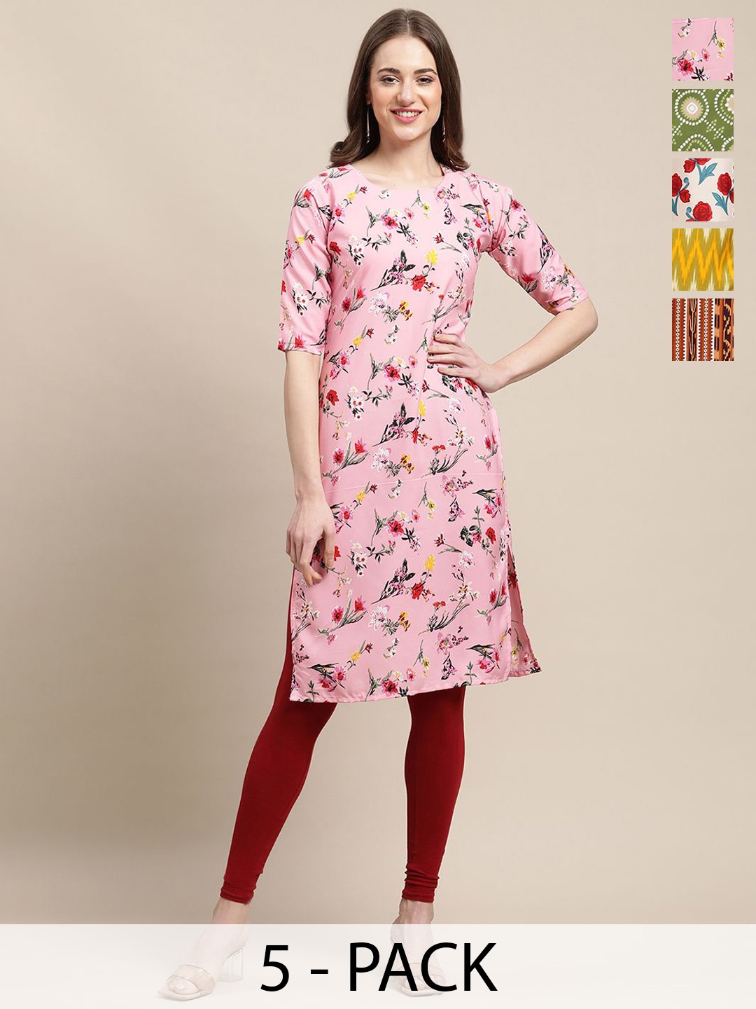 

7Threads Selection Of 5 Floral Printed Round Neck Straight Kurta, Pink