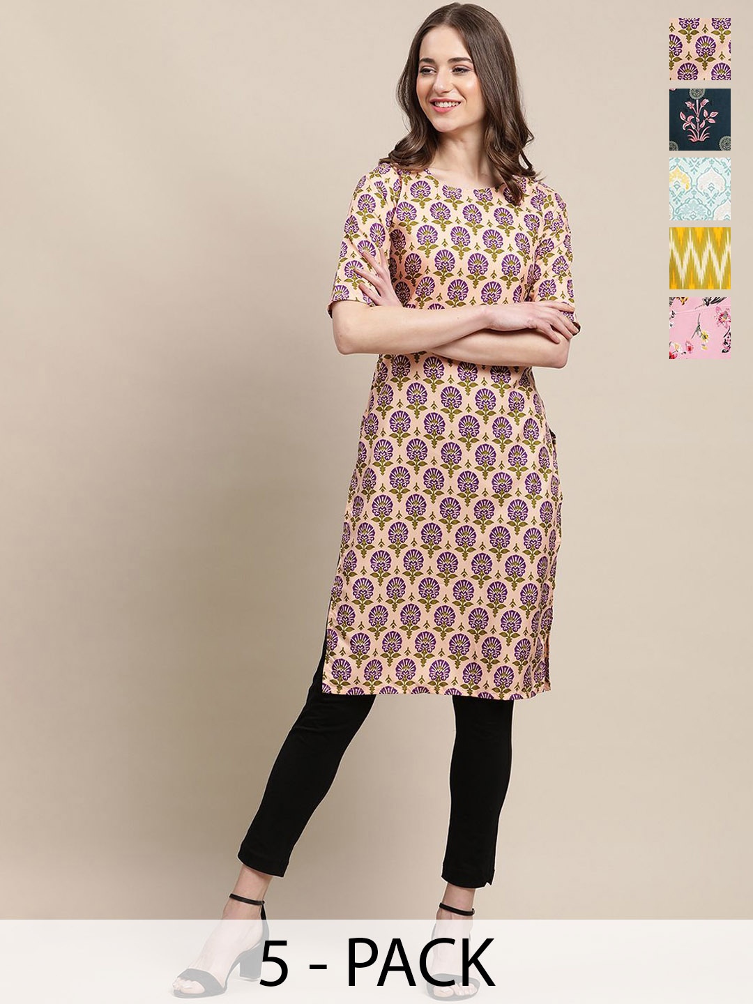 

7Threads Selection Of 5 Floral Printed Straight Kurta, Peach
